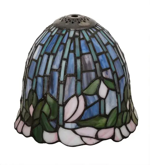Recreating Tiffany Studios' highly sought-after Flowering Lotus; one of the world's foremost art glass designs This exquisite shade is crafted using high quality art glass and the famous high quality Meyda Tiffany copperfoil construction technique. Leafy Green and Pink Lotus petals highlight the multiple stems in blossom; this shade recaptures the artistry and craftsmanship perfected by Tiffany in his original creations. Pair with a base to create a mini table lamp or with hardware to build a wall or ceiling fixture. The Tiffany Flowering Lotus Shade is featured in our American designed; handcrafted Tiffany Reproduction Collection. Each shade is a unique work of art with color variations based on natural ingredients inherent in the glass. Contact us if color matching is critical when ordering multiple items. - alternate view