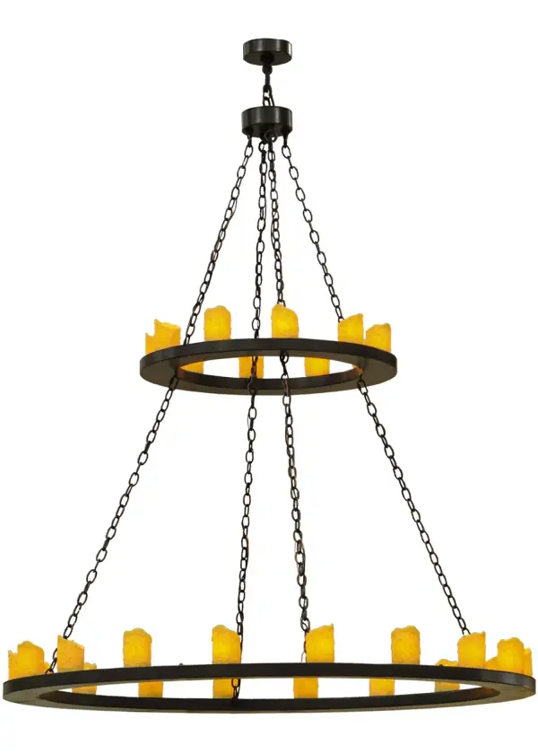 As if it was forged of iron during the Middle Ages and hung from the ceiling of a mighty stone castle; the Loxley two tier chandelier has two rings suspended by chain and tipped with Amber simulated dripped wax candle columns. The rustic fixture is handmade in the USA by Meyda Tiffany craftsman and finished in a Timeless Bronze powder coat.