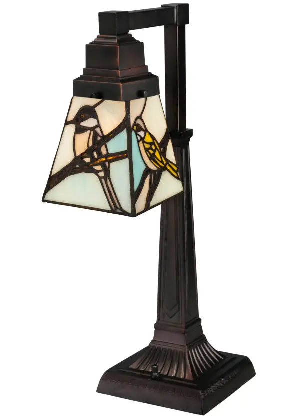 Bark Brown Granite Glass branches across a Celadon sky make a pleasant repose for these birds that are often seen in the backyard. This Meyda Original designed shade is created using the famous Meyda Tiffany copperfoil construction process. The desk lamp base features a Mahogany Bronze finish. The fixture is UL and cUL listed for dry locations. Each shade is a unique work of art with color variations based on natural ingredients inherent in the glass. Contact us if color matching is critical when ordering multiple items.