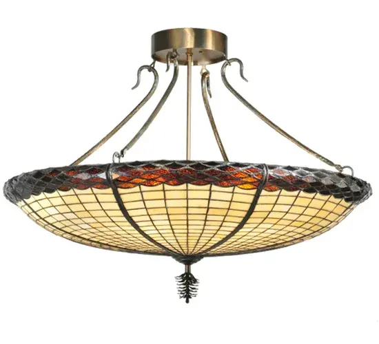 Inspired by the textures and colors of the mighty Oak Tree. This stunning art glass shade is featured in Multi-toned Autumn Beige and crowned with a scalloped trim in Bark Brown Granite Glass. The shade is created using the famous Meyda copperfoil construction and is complemented with hardware and decorative accents featured in an Antique Copper finish. Shade colors; metal finishes and fixture sizes can be customized. This fixture is UL and cUL listed for damp and dry locations. No two art glass shades will be the same as their individuality can be as remarkably unique as their personality.