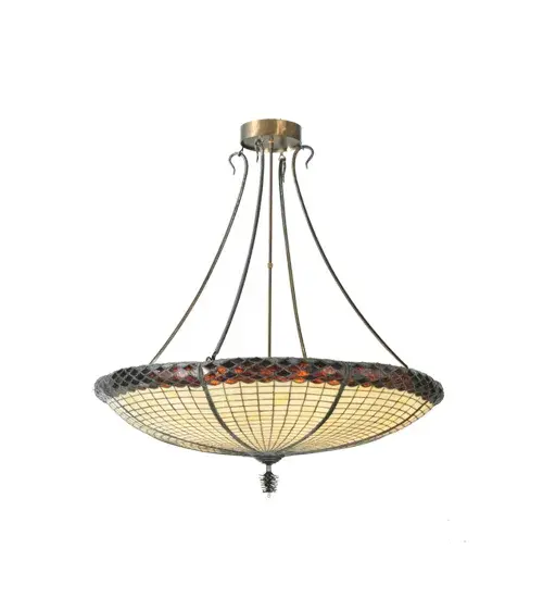 Inspired by the textures and colors of the mighty Oak Tree. This art glass shade is featured in Multi-toned Autumn Beige and crowned with a scalloped trim in Bark Brown Granite Glass. The shade is created using the famous Meyda copperfoil construction and is complemented with hardware and decorative accents featured in an Antique Copper finish. Shade colors; metal finishes and fixture sizes can be customized to your needs. UL and cUL listed for dry and damp locations. No two art glass shades will be the same as their individuality can be as remarkably unique as their personality. - alternate view