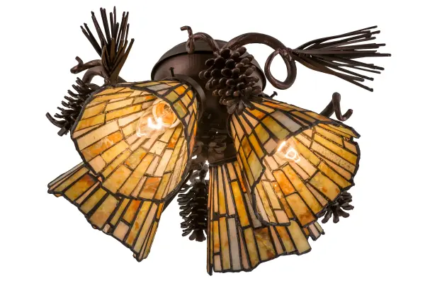 Thinly hand carved and polished natural Jadestone in earthy tones of Moss Green; Tan; Natural Ivory and Coral become luminescent in this unique tile patterned four light fixture; which attaches to a ceiling fan. The natural stone shades are crafted using the famous copperfoil construction process to create Tiffany stained glass lamps and fixtures. The hardware is featured in a Mahogany Bronze finish Fan not included.