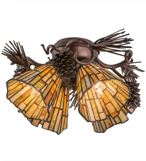 Thinly hand carved and polished natural Jadestone in earthy tones of Moss Green; Tan; Natural Ivory and Coral become luminescent in this unique tile patterned four light fixture; which attaches to a ceiling fan. The natural stone shades are crafted using the famous copperfoil construction process to create Tiffany stained glass lamps and fixtures. The hardware is featured in a Mahogany Bronze finish Fan not included. - alternate view
