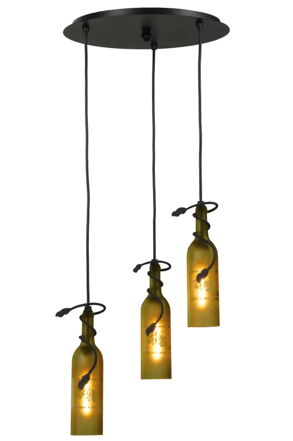 Capture the life of the party with the whimsical design of the Meyda Wine Bottle Pendant. It's so much fun that you may want to hang from it; but don't! Liven up a restaurant; club; or home with a light fixture that does so much more than deliver light; it adds personality and pizzazz. Three Green Glass wine bottles with an Etched Grape design are suspended with Black cords and graceful vine-like accents and hardware finished in a Textured Black. The fixture is perfect for stairways; entryways; and other spaces in homes; restaurants; hotels; pubs; nightclubs; and wineries. Discerning connoisseurs will appreciate this fixture's fine detail and charm. The overall height ranges from 14 to 72 inches; as the Black cords can be adjusted to meet your exact lighting requirements. This rich-looking Tuscan Vineyard Etched Grapes 3 Light Wine Bottle Cascading Pendant is included in our American-made; American-designed; handcrafted Wine Bottle Lighting Collection. The fixture is manufactured in Yorkville; New York. UL and cUL listed for dry and damp locations. Please send us your favorite branded wine bottle; and Meyda will transform it into an everlasting personalized fixture of light. Contact us for more information on custom wine bottle lighting fixtures and lamps. You can also create custom lighting with beer bottles; mason jars; milk bottles; and other glass containers and vessels by contacting us!