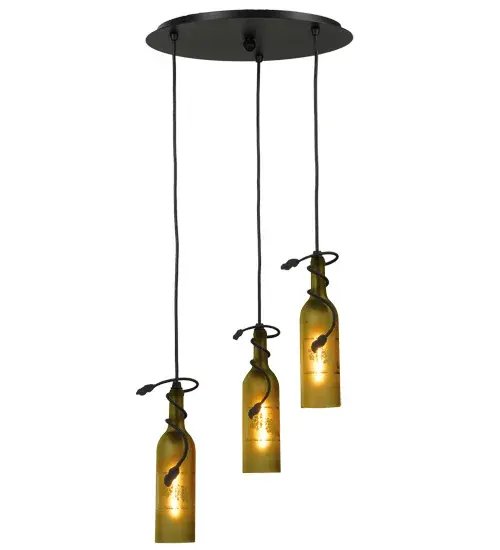 Capture the life of the party with the whimsical design of the Meyda Wine Bottle Pendant. It's so much fun that you may want to hang from it; but don't! Liven up a restaurant; club; or home with a light fixture that does so much more than deliver light; it adds personality and pizzazz. Three Green Glass wine bottles with an Etched Grape design are suspended with Black cords and graceful vine-like accents and hardware finished in a Textured Black. The fixture is perfect for stairways; entryways; and other spaces in homes; restaurants; hotels; pubs; nightclubs; and wineries. Discerning connoisseurs will appreciate this fixture's fine detail and charm. The overall height ranges from 14 to 72 inches; as the Black cords can be adjusted to meet your exact lighting requirements. This rich-looking Tuscan Vineyard Etched Grapes 3 Light Wine Bottle Cascading Pendant is included in our American-made; American-designed; handcrafted Wine Bottle Lighting Collection. The fixture is manufactured in Yorkville; New York. UL and cUL listed for dry and damp locations. Please send us your favorite branded wine bottle; and Meyda will transform it into an everlasting personalized fixture of light. Contact us for more information on custom wine bottle lighting fixtures and lamps. You can also create custom lighting with beer bottles; mason jars; milk bottles; and other glass containers and vessels by contacting us! - alternate view