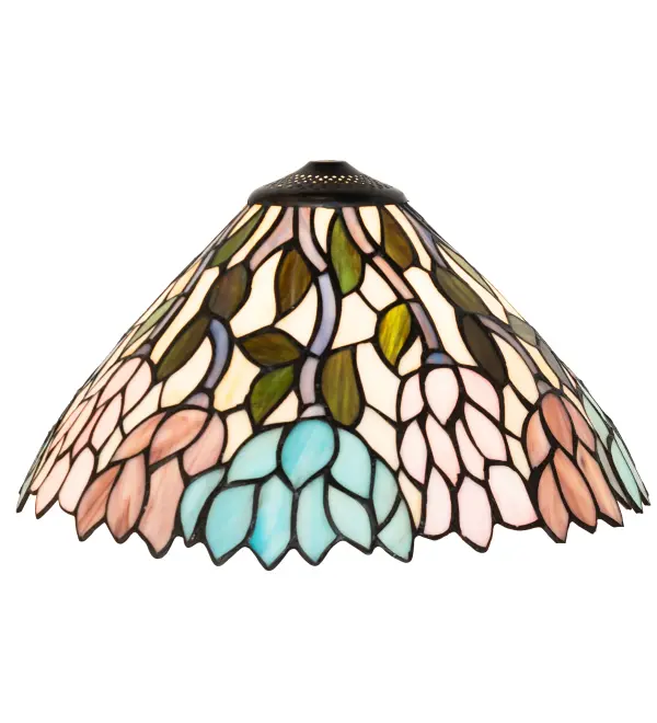 Stylized Wisteria flower clusters in Petal Pink; Amethyst Blue; and Dark Mauve with Jade Green leaves and Dark Mauve vines drape over the Beige background of this stained glass shade. The classic styling and soft pastel colors will add charm to any room. The stunning shade is made of hand-cut glass using the famous Meyda Tiffany copperfoil construction technique. It pairs well with a base to create a table lamp or hardware for building a ceiling fixture. The shade is inspired by flowers found in various gardens; from the Gibbs Gardens in Ball Ground; Georgia; to the Minnesota Landscape Arboretum in Chaska; Minnesota. The Wisteria Shade is included in our American-designed; handcrafted Stained Glass Lighting Collection. Each shade is a unique work of art with color variations based on natural ingredients inherent in the glass.