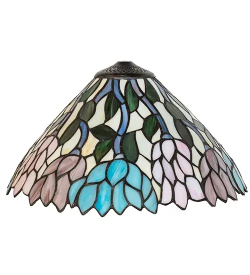 Stylized Wisteria flower clusters in Petal Pink; Amethyst Blue; and Dark Mauve with Jade Green leaves and Dark Mauve vines drape over the Beige background of this stained glass shade. The classic styling and soft pastel colors will add charm to any room. The stunning shade is made of hand-cut glass using the famous Meyda Tiffany copperfoil construction technique. It pairs well with a base to create a table lamp or hardware for building a ceiling fixture. The shade is inspired by flowers found in various gardens; from the Gibbs Gardens in Ball Ground; Georgia; to the Minnesota Landscape Arboretum in Chaska; Minnesota. The Wisteria Shade is included in our American-designed; handcrafted Stained Glass Lighting Collection. Each shade is a unique work of art with color variations based on natural ingredients inherent in the glass. - alternate view