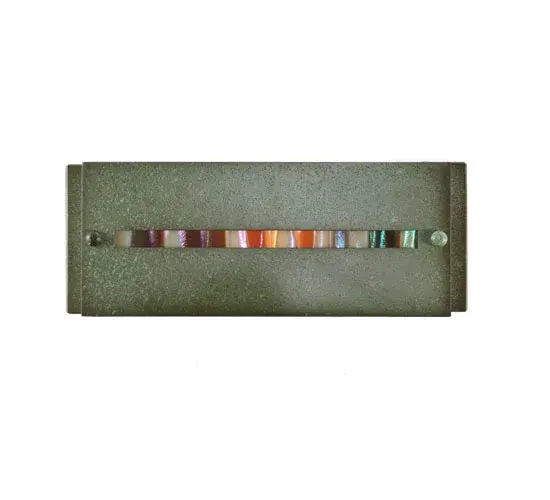 Inspired by naturally weathered stones on the path to a cozy cottage in the woods; Fused Glass tiles of autumnal colors are hand-set on a raised side panel of this Arts & Crafts styled vanity light. Behind the Fused Glass insets is a layer of Amber Mica to provide a unique decorative ambiance. The linear frame and raised panel are hand-finished in Tarnished Copper to create the signature look of American Bungalow. The fixture can be installed either vertically or horizontally to meet your lighting needs. Featured in the Moss Creek family; it is handcrafted by Meyda artisans in the Yorkville; New York manufacturing facilities. - alternate view