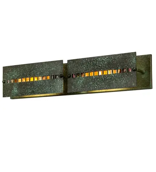 Inspired by naturally weathered stones on the path to a cozy cottage in the woods; autumnal colored Fused Glass tiles are hand-set on raised side panels of this Arts & Crafts styled vanity light. Behind the Fused Glass insets is a layer of Amber Mica to provide a unique decorative ambiance. The linear frame and raised panels are hand-finished in Tarnished Copper to create the signature look of American Bungalow. The fixture can be installed either vertically or horizontally to meet your lighting needs. Featured in the Moss Creek family; it is handcrafted by Meyda artisans in the Yorkville; New York manufacturing facilities. - alternate view