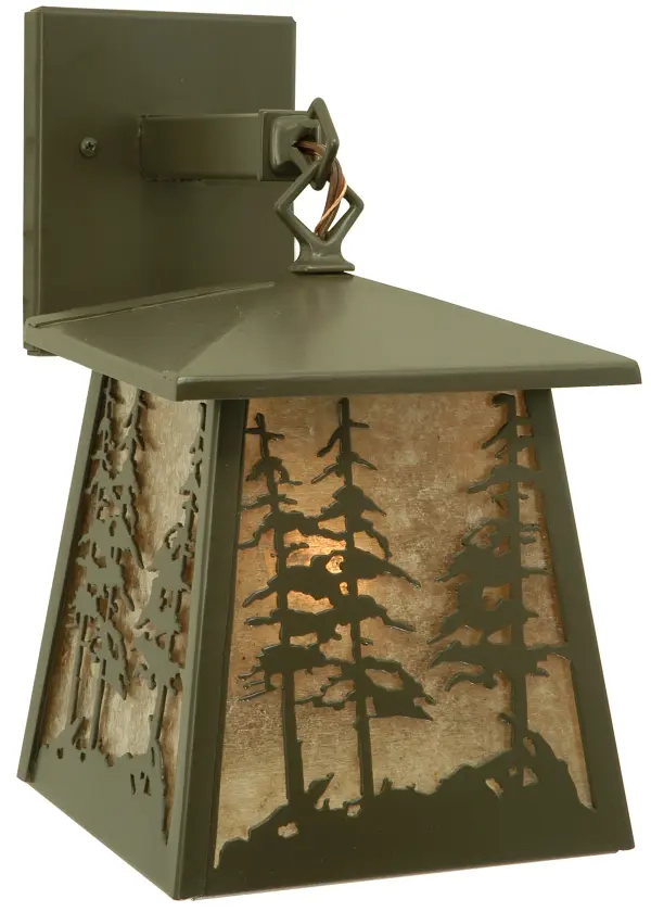 A stand of Tall Pines accent this handsome lantern pendant handcrafted in the USA by Meyda artisans. This nature inspired fixture is finished in Timeless Bronze and has Silver mica panels. Collection: Stillwater Finish: Timeless Bronze Glass: Silver Mica Width: 7.00" Height: 12.00" Length: 10.50" Weight: 5.00 lb Extension from Wall: 10.50" Number of Bulbs: 1 Maximum Wattage: 60.00 W Bulb Type: A19 Bulb Base: E26 Material: Steel Country of Origin: USA Safety Listing: Damp Safety Rating: Damp