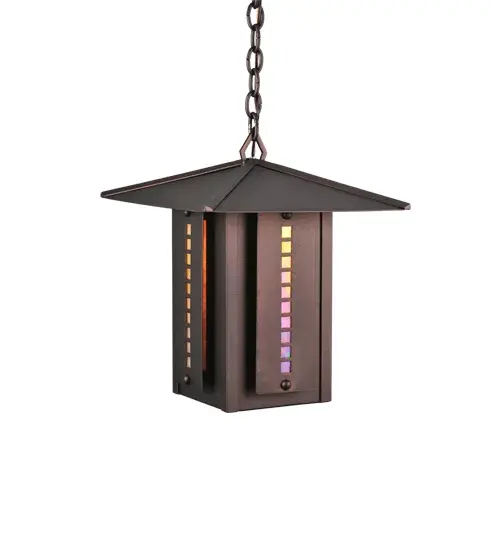 Inspired by naturally weathered stones on the path to a cozy cottage in the woods; Beige Iridescent glass tiles are hand-set on raised side panels of this Arts &Crafts styled pendant. Behind the art glass insets is a layer of Amber Mica to provide a unique decorative ambiance. The raised panels and and shallow peaked roof; hand-finished in Cinnamon Coffee Metallic; create the signature look of American Bungalow. The fixture; included in the Moss Creek family; is handcrafted by Meyda artisans in the Yorkville; New York manufacturing facilities - alternate view