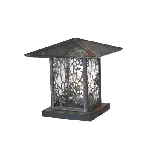 A stunning Nature Inspired design statement is evoked with a dramatic Lotus Leaf and Dragonfly design. The Copper Lantern is enhanced with a Clear Seeded Glass lens and a Verdigris finish. This pier mount tops off a square post or column on piers; decks and driveways while delivering ambient illumination for fine exterior and interior settings. The Seneca Lotus Leaf and Dragonfly Pier Mount is featured in our American designed; handmade Craftsman Signature Series. Manufactured in Yorkville; New York. UL and cUL listed for dry; damp and wet locations. - alternate view