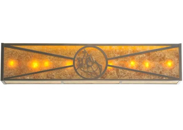 This vanity light features two Native Americans paddling a canoe within a central medallion. Decorative crisscross accents and a Mahogany Bronze frame enhance the design. Ideal for bath vanities and corridor wall applications. Included in our American-made, American-designed, handcrafted Personalized Lighting Collection and manufactured in Yorkville, New York. UL and cUL listed for dry and damp locations. Collection: Athabasca Finish: Mahogany Bronze Glass: Amber Mica Notes: Custom Crafted In Yorkville, New York Please Allow 30 Days Width: 9.00" Height: 10.00" Length: 48.00" Weight: 12.00 lb Extension from Wall: 48.00" Number of Bulbs: 8 Maximum Wattage: 60.00 W Bulb Type: A19 Bulb Base: E26 Material: Steel Country of Origin: USA Safety Listing: Damp Safety Rating: Damp