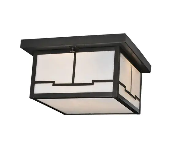 Handcrafted of Solid Brass for indoor and outdoor lighting applications. An abstract view of a valley design comes to light with this Craftsman Signature styled flushmount. This striking luminaire features White Art Glass which is complemented with a Craftsman Brown finish. This flushmount is Domestically Produced in our 180;000 square foot manufacturing facility in Yorkville; New York. Our Build Your Own lighting series offers fully configurable combinations of lantern styles; functions; fixture sizes and metal finishes. UL and cUL listed for dry; damp and wet locations. - alternate view
