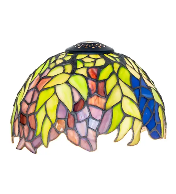 The Honey Locust was a popular floral design created by Louis Comfort Tiffany over a century ago. A decorative dome-shaped stained glass shade with petal-shaped edges depicts clusters of Plum and Periwinkle flowers amid Spring Green leaves cascading towards the base. This art glass shade pairs well with a mini lamp base or mini ceiling pendant that illuminates tables and desks in homes; banks; and libraries from Scottsdale; Arizona; to Billings; Montana; to Seattle; Washington. The Tiffany Honey Locust Shade is included in our American-designed; handcrafted Tiffany Stained Glass Collection. Each shade is a unique work of art with color variations based on natural ingredients inherent in the glass.