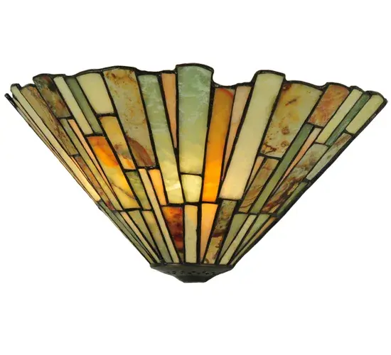 Thinly carved and polished nautral Jadstone in earthy tones of Moss Green; Tan; Ivory and Coral; becomes luminescent in this unique; tile patterned wall sconce. The stone shade is crafted with the same copperfoil process that is used on stained glass; Tiffany style shades.
