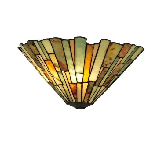 Thinly carved and polished nautral Jadstone in earthy tones of Moss Green; Tan; Ivory and Coral; becomes luminescent in this unique; tile patterned wall sconce. The stone shade is crafted with the same copperfoil process that is used on stained glass; Tiffany style shades. - alternate view