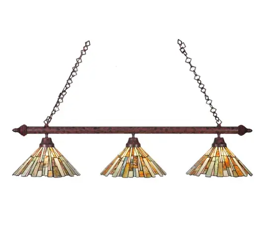 Thinly hand carved and polished natural Jadestone in earthy tones of Moss Green; Tan; Natural Ivory and Coral become luminescent in these three unique tile patterned shades. The natural stone shades are crafted using the famous copperfoil construction process that creates Tiffany stained glass lamps and fixtures. Hardware shown in a stunning Rust finish. Perfect for placement over counters; islands; dining or billiard tables