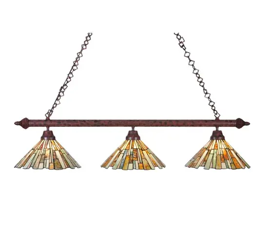 Thinly hand carved and polished natural Jadestone in earthy tones of Moss Green; Tan; Natural Ivory and Coral become luminescent in these three unique tile patterned shades. The natural stone shades are crafted using the famous copperfoil construction process that creates Tiffany stained glass lamps and fixtures. Hardware shown in a stunning Rust finish. Perfect for placement over counters; islands; dining or billiard tables - alternate view
