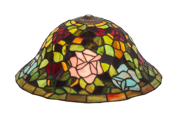 The most beloved of all flowers; the rose; is beautifully represented in this Meyda reproduction of a Tiffany Studio classic. The art glass shade features Petal Pink; Romantic Red and Sky Blue art glass roses ramble on a maze of Garden Green leaves. The delicate domed stained glass shade can be paired with a base to create a stunning table or floor lamp; or built with hardware to make a beautiful ceiling or wall fixture. Each shade is a unique work of art with color variations based on natural ingredients inherent in the glass. Contact us if color matching is critical when ordering multiple items.