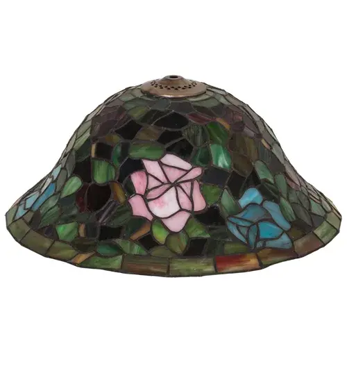 The most beloved of all flowers; the rose; is beautifully represented in this Meyda reproduction of a Tiffany Studio classic. The art glass shade features Petal Pink; Romantic Red and Sky Blue art glass roses ramble on a maze of Garden Green leaves. The delicate domed stained glass shade can be paired with a base to create a stunning table or floor lamp; or built with hardware to make a beautiful ceiling or wall fixture. Each shade is a unique work of art with color variations based on natural ingredients inherent in the glass. Contact us if color matching is critical when ordering multiple items. - alternate view