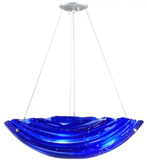 This contemporary Fused Glass Pendant is an original design that is far from traditional. This unique fixture is handmade in our Marina pattern of Dark and Light Blue Iridescent; kiln-fired; fused art glass. The modern ceiling pendant is perfect for dining areas; living spaces; and entryways in fine homes and hotels. The Metro Fusion Azul Inverted Pendant is included in our American-made; American-designed; handcrafted Fused Glass Collection; which is manufactured in Yorkville; New York. The fixture is UL and cUL listed for dry and damp locations. Each fixture is a unique work of art; with color variations based on the natural ingredients inherent in the glass. The Quality Bent Glass division of Meyda Tiffany Lighting is over 100 years in the making. Today; we are still creating timeless masterpieces using tools and methods from the days when we supplied Tiffany Studios. Fused glass colors and metal finishes are customizable; as each fixture is handcrafted to order