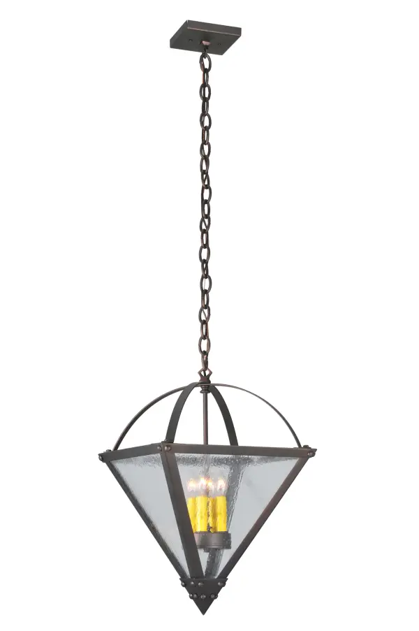 A sophisticated; inverted pyramid-styled fixture is designed with a unique; fresh; and stylish pizazz. Give your decor an edge with this breathtaking fixture; highlighted with a solid structure. Beautiful ambient illumination is delivered by four Ivory faux candlelights; which can be seen through a Clear Seeded Glass lens. The hardware and frame are featured in a handsome Mahogany Bronze finish. It is ideal for placement in foyers and entryways. The overall height ranges from 25 to 51 inches; as the chain can be easily adjusted in the field depending on customer requirements. Perfect for homes from New York to Salt Lake City; Utah; to Los Angeles. The Pyramid Inverted Pendant is included in our American-made; American-designed; handcrafted Transitional Lighting Collection and manufactured in Yorkville; New York. UL and cUL listed for dry and damp locations.