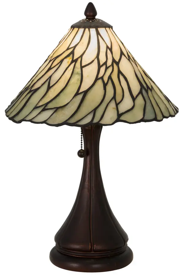 Thinly carved and polished Natural Jadestone in earthy tones of Moss Green; and Ivory; becomes luminescent in this wispy willow leaf patterned shade. The shade is created using the famous Meyda copperfoil construction process; the same technique employed to produce Tiffany style shades; and is complemented with a sculpted lamp base in a warm Mahogany Bronze finish. Custom options include special sizes; colors and styles; as well as dimmable energy efficient lamping options such as LED. The lamp is UL and cUL listed for dry locations.