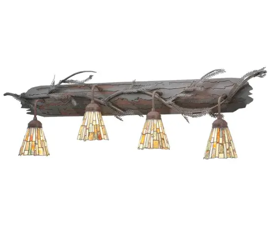 Thinly hand carved and polished natural Jadestone in earthy tones of Moss Green; Tan; Natural Ivory and Coral become luminescent in these four unique tile patterned shades. The natural stone shades are crafted using the famous Meyda copperfoil construction process that creates Tiffany stained glass lamps and fixtures. The shades are connected with arms to a Pine Tree bark- and branch-designed frame and accents crafted with a combination of Cafe Noir and Wrought Iron finishes. UL and cUL listed for dry and damp locations.