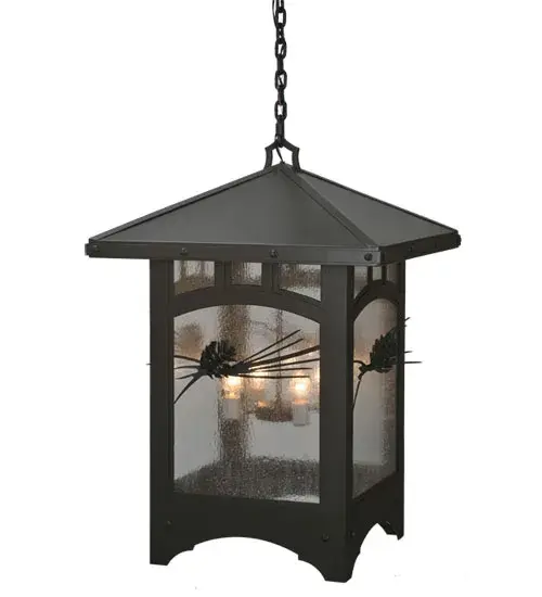 A stunning Pine Cone with Pine Needles design on a Seeded Glass shade; a classic lantern shape and a handsome Timeless Bronze finish are combined to create this charming Pinecone Pendant. Handcrafted by Meyda artisans in the firm's manufacturing facilities in Yorkville; New York.