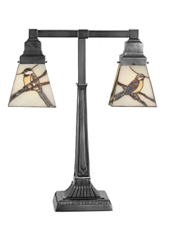 Bark Brown Granite Glass branches across a Celadon sky make a pleasant repose for these birds that are often seen in the backyard. A Meyda original design; these art glass shades are created using the famous Meyda Tiffany copperfoil construction process. The two light table lamp combines decorative beauty with functional lighting for reading on tables and desks; especially for those shared by two people. The base features a Mahogany Bronze finish. The fixture is UL and cUL listed for dry locations. Each piece is a unique work of art with color variations based on natural ingredients inherent in the glass. Contact us if color matching is critical when ordering multiple items.