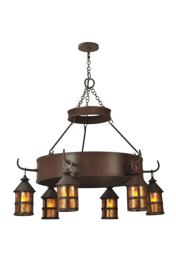 Influenced by cottages and rooftops of storybook characters. This chandelier features six stylized Amber Mica lanterns suspended by a robust ring featured in a Cafe Noir finish, to complete an evocative impression. Ideal as a luminous centerpiece for lobbies, dining areas, entryways and other spaces in residential, hospitality and commercial settings. Overall height ranges from 53 to 89 inches as the chain can be easily adjusted in the field. The Aberdeen Chandelier is Domestically manufactured in our 180,000 square foot facility in Yorkville, New York. Customize lantern colors, metal finishes and fixture sizes to suit your taste. UL and cUL listed for dry and damp locations. Collection: Aberdeen Finish: Cafe Noir Glass: Amber Mica Notes: Custom Crafted In Yorkville, New York Please Allow 30 Days Width: 48.00" Height: 53.00" Length: 48.00" Weight: 120.00 lb Number of Bulbs: 6 Maximum Wattage: 60.00 W Bulb Type: A19 Bulb Base: E26 Material: Steel Country of Origin: USA Safety Listing: Damp Safety Rating: Damp