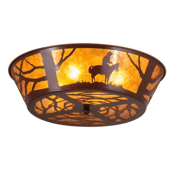 This stunning ceiling fixture features a Cowboy riding his horse across the woodlands and is finished in Rust on an Amber Mica inverted shade. The Cowboy Flushmount is included in our American-made; American-designed handcrafted Southwestern Lighting Collection. Manufactured in Yorkville; NY. UL and cUL listed for dry and damp locations