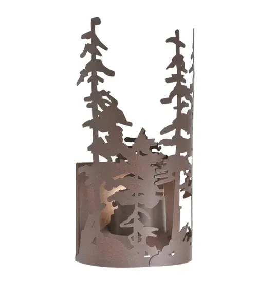 A nature inspired design of Tall Pine trees is featured in this unique curvaceous wall sconce. The sconce is complemented with a handsome Cafe Noir finish. This wall fixture is handcrafted in our 180,000 square foot manufacturing facility in Yorkville, New York, located at the foothills of the awe-inspiring Adirondack Mountains. Customize metal finishes, lamping options and sconce sizes to meet your lighting needs. UL and cUL listed for dry and damp locations. Collection: Tall Pines Finish: Caf Noir Glass: Black,Amber Notes: Custom Crafted In Yorkville, New York Please Allow 30 Days Width: 11.00" Height: 22.00" Length: 6.00" Weight: 6.00 lb Extension from Wall: 6.00" Number of Bulbs: 1 Maximum Wattage: 60.00 W Bulb Type: A19 Bulb Base: E26 Material: Steel Country of Origin: USA Safety Listing: Damp Safety Rating: Damp - alternate view