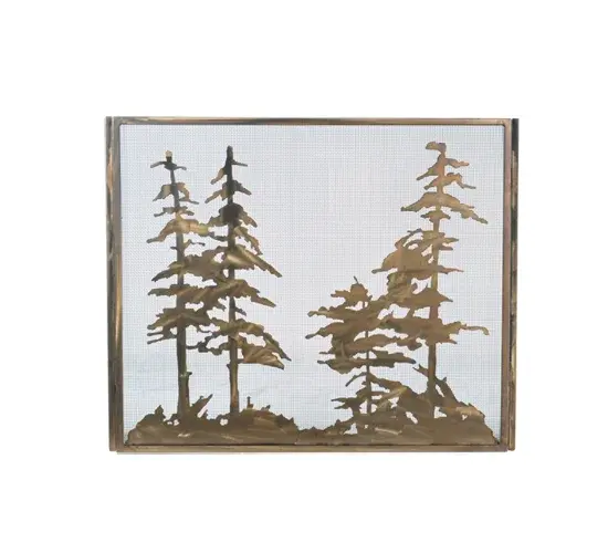 Tall pine trees in the woodlands are captured beautifully in a striking Antique Copper finished design on this firescreen. Ideal for highlighting an active fireplace; this firescreen was handcrafted by skillful Meyda artisans in the USA. The firescreen features a mesh design. - alternate view