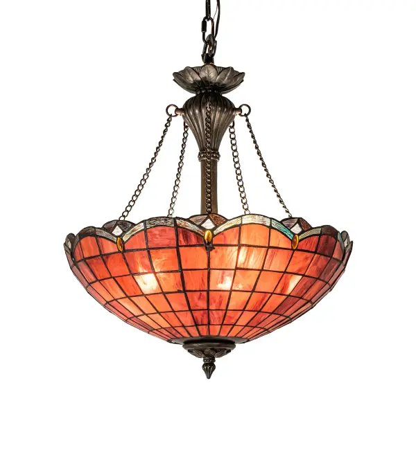Elan features a Plum/Raspberry art glass shade trimmed in swooping scallops of Amethyst Ripple glass hues; which are accented by sparkling Amber and Clear jewels. The shade is created using the famous Meyda Tiffany copperfoil construction process. The overall height ranges from 28 to 63 inches; as the chain can be adjusted in the field to meet your exact requirements. Inspired by homes and other buildings in Manhattan; New York; to Battle Creek; Michigan; to Chicago; Illinois. The Elan Inverted Pendant is featured in our American-designed; handcrafted Stained Glass Lighting Collection. Each shade is a unique work of art with color variations based on natural ingredients inherent in the glass. Please get in touch with us if color matching is critical when ordering multiple items.