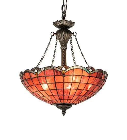 Elan features a Plum/Raspberry art glass shade trimmed in swooping scallops of Amethyst Ripple glass hues; which are accented by sparkling Amber and Clear jewels. The shade is created using the famous Meyda Tiffany copperfoil construction process. The overall height ranges from 28 to 63 inches; as the chain can be adjusted in the field to meet your exact requirements. Inspired by homes and other buildings in Manhattan; New York; to Battle Creek; Michigan; to Chicago; Illinois. The Elan Inverted Pendant is featured in our American-designed; handcrafted Stained Glass Lighting Collection. Each shade is a unique work of art with color variations based on natural ingredients inherent in the glass. Please get in touch with us if color matching is critical when ordering multiple items. - alternate view