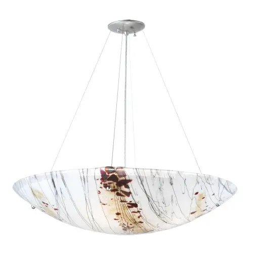 Italian for small branches or twigs. The Ramoscelli pendant features an abstract expressionist lighting design. Inspired by bare trees against a Winter White sky; this shade highlights Fused Glass. White iridescent glass is fused with Black Twig-like streamers; Plum-colored accents and Bronze Frit. The fixture is enhanced with a Brushed Nickel powder coat. Overall height ranges from 22 to 74 inches as the aircraft cable length can be easily adjusted in the field. Traditional workmanship; high fire kilns and original tools are used to fuse glass in our 180;000 square foot manufacturing facility in Yorkville; NY.