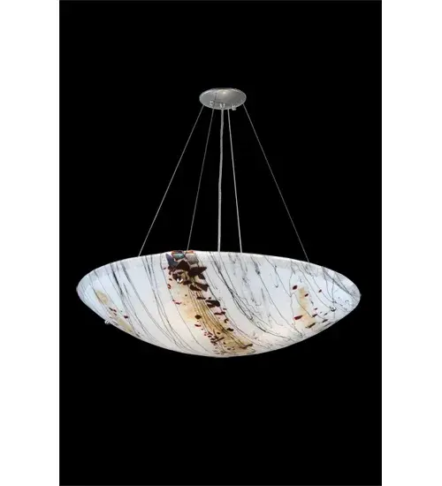 Italian for small branches or twigs. The Ramoscelli pendant features an abstract expressionist lighting design. Inspired by bare trees against a Winter White sky; this shade highlights Fused Glass. White iridescent glass is fused with Black Twig-like streamers; Plum-colored accents and Bronze Frit. The fixture is enhanced with a Brushed Nickel powder coat. Overall height ranges from 22 to 74 inches as the aircraft cable length can be easily adjusted in the field. Traditional workmanship; high fire kilns and original tools are used to fuse glass in our 180;000 square foot manufacturing facility in Yorkville; NY. - alternate view