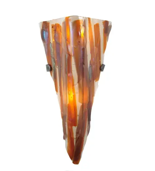 This contemporary Metro Fusion V-shaped shade is an original design that is far from traditional. This unique shade is handmade in our Marina pattern of Amber; Beige; Smoke; and Clear Iridescent; kiln-fired; fused art glass; paired with wall fixture hardware. The modern sconce is perfect for hallways; living spaces; and entryways in fine homes and hotels. The Metro Fusion Marina Glass Wall Sconce is included in our American-made ; American-designed; handcrafted Fused Glass Collection; which is manufactured in Yorkville; New York. UL and cUL listed for dry locations. Each shade is a unique work of art with color variations based on natural ingredients inherent in the glass. The Quality Bent Glass division of Meyda Tiffany Lighting is over 100 years in the making. Today; we are still creating timeless masterpieces using tools and methods from the days when we supplied Tiffany Studios. Fused glass colors and metal finishes are customizable; as each fixture is handcrafted to order. - alternate view