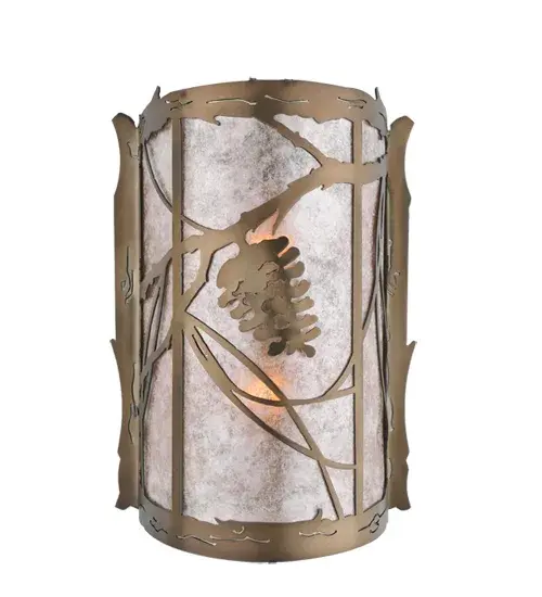 Listen closely.You can almost hear the soft whisper of the pine branches as they dance in the wind.Enjoy the warm ambiance of soft beautiful light diffused through this rustic sconce shade's Silver Mica panels featuring stunning pinecone and pine branch designs. Hand finished in handsome Antique Copper and handcrafted by Meyda Artisans in Yorkville, New York.Create the design, colors, and the size and style of your choice.Energy efficient lamping options available. Collection: Whispering Pines Finish: Antique Copper Glass: Silver Mica Notes: Custom Crafted In Yorkville, New York Please Allow 30 Days Width: 10.00" Height: 14.50" Length: 4.50" Weight: 3.00 lb Extension from Wall: 4.50" Number of Bulbs: 2 Maximum Wattage: 60.00 W Bulb Type: A19 Bulb Base: E26 Material: Steel Country of Origin: USA Safety Listing: Damp Safety Rating: Damp - alternate view