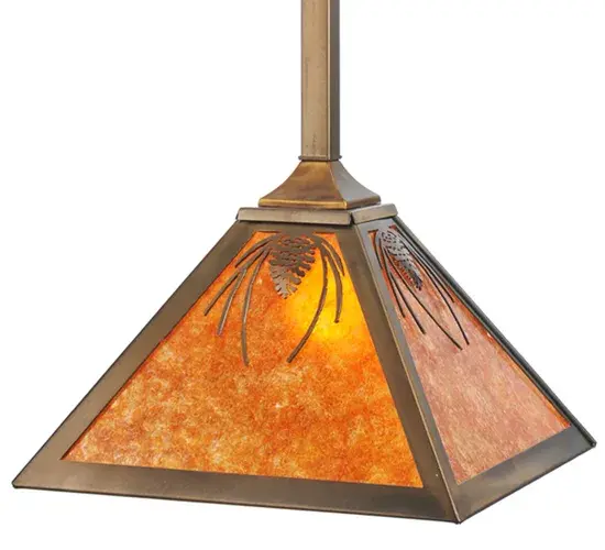 Mother nature comes to light as Mountain Pinecones and Pine Needles are featured on this unique nature inspired ceiling fixture. The charm of the forest comes alive with soft ambient light emanating through Amber Mica. The shade is accented with an Antique Copper finish. The pendant is perfect for dining areas; counters; bars and other spaces where you want to make a stunning design statement. Handcrafted in our 180;000 square foot manufacturing facility in Yorkville; New York. Shade colors; metal finishes and fixture sizes can be customized to your needs. UL and cUL listed for dry and damp locations.