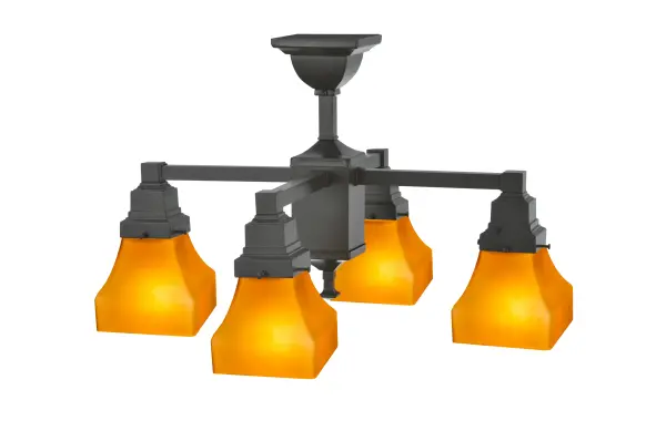This classic Bungalow design embodies the ideal of the American home. The lanterns feature the casual; cozy look of four Frosted Amber Glass shades complemented with a Timeless Bronze finish; making this handsome ceiling fixture suitable for countless applications. The chandelier is ideal for illuminating dining tables; entryways; and other residential and hospitality spaces from Grand Rapids; Michigan; to Mobile; Alabama; and Glendale; California. The Bungalow Frosted Amber Chandelier is included in our American-made; American-designed; handcrafted Mission Lighting Collection and manufactured in Yorkville; New York. The fixture is UL and cUL listed for dry and damp locations.