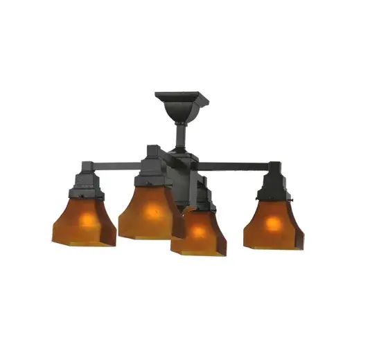 This classic Bungalow design embodies the ideal of the American home. The lanterns feature the casual; cozy look of four Frosted Amber Glass shades complemented with a Timeless Bronze finish; making this handsome ceiling fixture suitable for countless applications. The chandelier is ideal for illuminating dining tables; entryways; and other residential and hospitality spaces from Grand Rapids; Michigan; to Mobile; Alabama; and Glendale; California. The Bungalow Frosted Amber Chandelier is included in our American-made; American-designed; handcrafted Mission Lighting Collection and manufactured in Yorkville; New York. The fixture is UL and cUL listed for dry and damp locations. - alternate view
