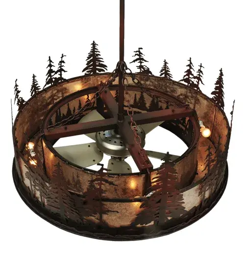 Whether you call it a Chandel-Air" or a "Fan-deLight" you can be the first kid on the block to enjoy the Ambiance of light diffused through beautiful Silver Mica, while you benefit from the gentle breezes produced from the 29" Fan spinning quietly in the center. Hand-crafted by Meyda Artisans in Yorkville NY. " Collection: Tall Pines Finish: Silver Mica Bn Glass: Wrought Iron On Rust Brushed Nickel Width: 44.00" Height: 41.00" Length: 44.00" Weight: 102.00 lb Extension from Wall: 4.50" Number of Bulbs: 8 Maximum Wattage: 60.00 W Bulb Type: A19 Bulb Base: E26 Airflow: 2287 CFM Electricity Use: 46 W Material: Steel Country of Origin: USA Safety Listing: Dry Safety Rating: Dry - alternate view