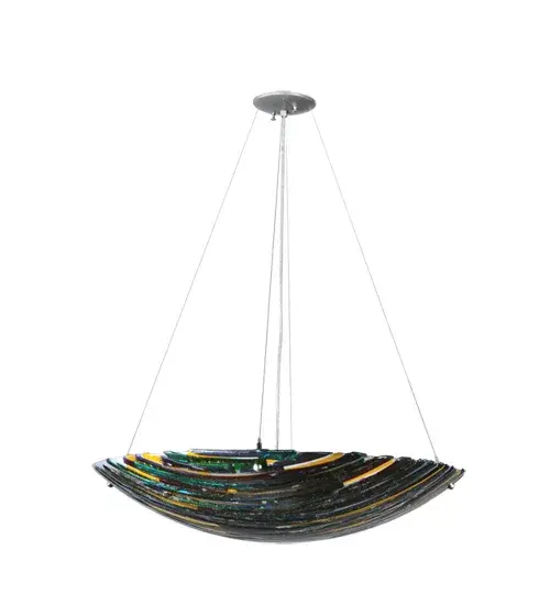 This contemporary Fused Glass ceiling pendant is an original design; far from traditional. This unique art glass shade is handmade in a modern brushstroke pattern of Purple; Green; and Amber iridescent; kiln-fired; fused art glass; paired with Brushed Nickel-finished hardware. The modern fixture is perfect for living spaces and entryways in fine homes and hotels. The Penna di Pavone Fused Glass Inverted Pendant is part of our American-made; American-designed; handcrafted Fused Glass Collection; which is manufactured in Yorkville; New York. The fixture is UL and cUL listed for dry and damp locations. Each shade is a unique work of art; with color variations based on the natural ingredients inherent in the glass. The Quality Bent Glass division of Meyda Tiffany Lighting is over 100 years in the making. Today; we are still creating timeless masterpieces using tools and methods from the days when we supplied Tiffany Studios. Fused glass colors and metal finishes are customizable; as each fixture is handcrafted to order. - alternate view
