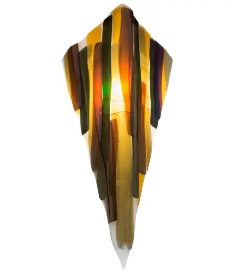 This contemporary Fused Glass Shade is an original design that is far from traditional. This unique V-shaped shade is handmade in a modern brushstroke pattern of Purple; Green; Gray; and Amber iridescent kiln-fired; fused art glass; paired with wall fixture hardware. The modern shade design is perfect for pairing with wall fixture hardware for placement in corridors; living spaces; and entryways of fine homes and hotels. Please see item 296559; which features this lens as a complete wall sconce. The Penna di Pavone Fused Glass Shade is included in our American-made; American-designed; handcrafted Fused Glass Collection; which is manufactured in Yorkville; New York. Each shade is a unique work of art; featuring color variations derived from the natural ingredients inherent in the glass. The Quality Bent Glass division of Meyda Tiffany Lighting is over 100 years in the making. Today; we are still creating timeless masterpieces using tools and methods from the days when we supplied Tiffany Studios. Fused glass colors and metal finishes are customizable; as each fixture is handcrafted to order. - alternate view