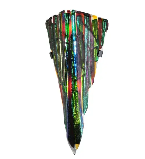 This contemporary Fused Glass V-shaped wall sconce is an original design that is far from traditional. This unique wall fixture is handmade in a modern brushstroke pattern of Purple; Green; and Amber iridescent kiln-fired; fused art glass. The modern fixture is perfect for living spaces and entryways in fine homes and hotels. The Penna di Pavone Fused Glass Wall Sconce is included in our American-made; American-designed; handcrafted Fused Glass Collection; which is manufactured in Yorkville; New York. It is UL and cUL listed for dry and damp locations. Each fixture is a unique work of art; with color variations based on the natural ingredients inherent in the glass. The Quality Bent Glass division of Meyda Tiffany Lighting is over 100 years in the making. Today; we are still creating timeless masterpieces using tools and methods from the days when we supplied Tiffany Studios. Fused glass colors and metal finishes are customizable; as each fixture is handcrafted to order.