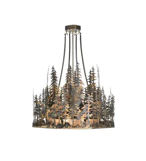 You can almost smell the fresh clean scent of Pine with this exquisite lighting fixture. An impressive; nature inspired stand of Tall Pine Trees is depicted while the morning sun rises over a country lake. Soft ambient light projects beautifully through a Silver Mica shade. The inverted pendant is complemented with Dark Burnished Antique Copper finished hardware and frame. The Pine Lake Pendant is Domestically manufactured in our 180;000 square foot facility in Yorkville; New York. Customize diffuser colors; metal finishes and fixture sizes to suit your taste. UL and cUL listed for dry and damp locations. - alternate view