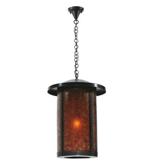 Handcrafted from Solid Brass to achieve stunning rustic beauty. This handsome Craftsman Signature lantern features an Amber Mica diffuser enhanced with a warm Craftsman Brown finish. Overall height ranges from 32 to 100 inches as chain can be easily adjusted in the field. Custom configured in our 180;000 sq ft manufacturing facility in Yorkville; NY. This Build Your Own lighting series offers fully configurable combinations of lantern styles; functions; fixture sizes and metal finishes. UL and cUL listed for dry; damp and wet locations; however the Mica lens might deteriorate in spaces with direct exposure to constant wind and harsh weather. Contact us if you would like options for a more durable lens material to suit your site criteria. - alternate view